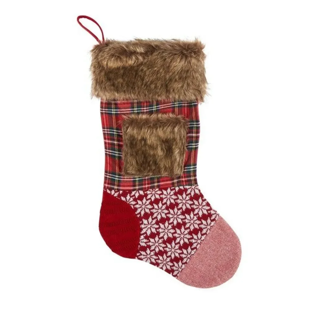 Christmas Stocking Patchwork Faux Fur Tartan Plaid Fair Isle Cabin Lodge Rustic